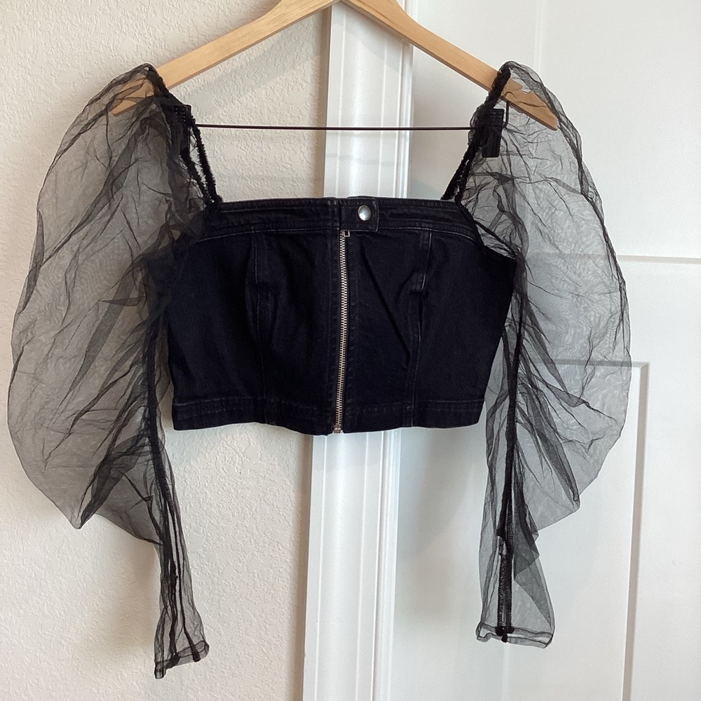 Anthropologie Puff-Sleeve Off-The-Shoulder Moto Blouse by Pilcro Small Black NWT - Picture 5 of 13